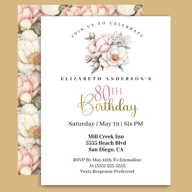 Invitación Pretty Blush Pink Peony Floral 80th Birthday (Subido por el creador)