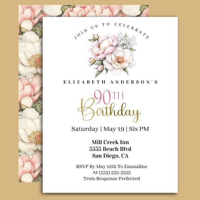 Invitación Pretty Blush Pink Peony Floral 90th Birthday (Subido por el creador)