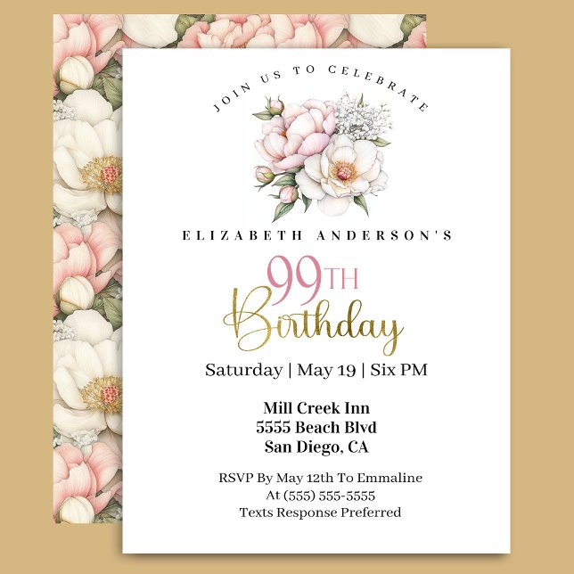 Invitación Pretty Blush Pink Peony Floral 99th Birthday (Subido por el creador)