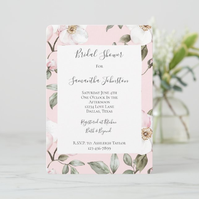 Invitación Pretty Blush Pink White Flowers Bridal Shower (Anverso de pie)