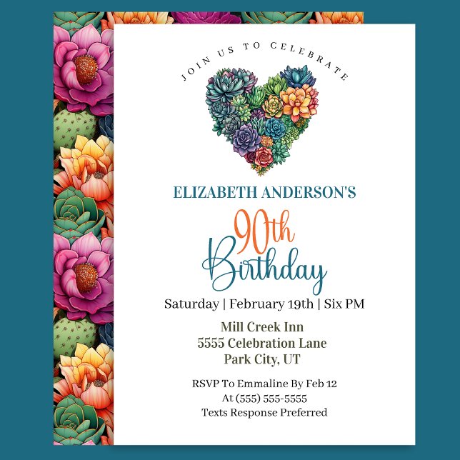Invitación Pretty Cactus Heart 90th Birthday (Subido por el creador)