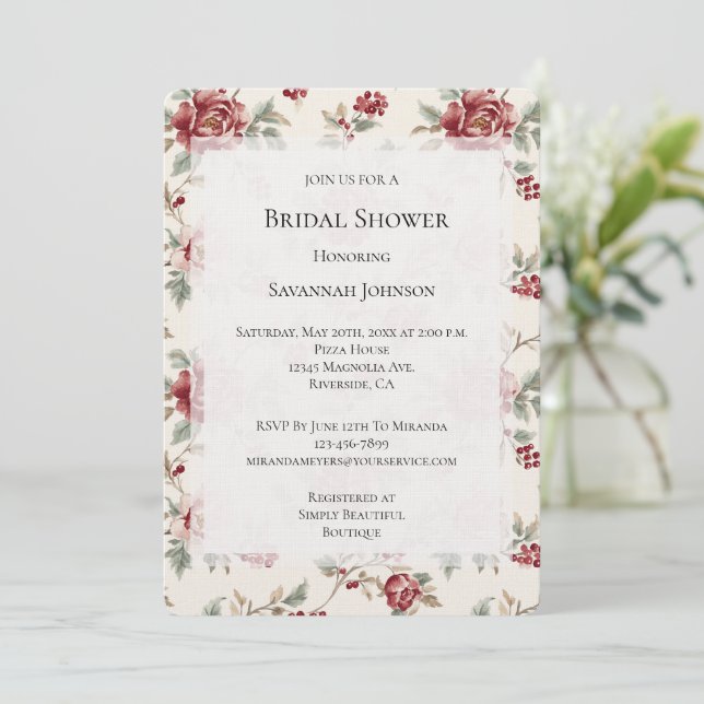 Invitación Pretty Chic Red Cream Floral Bridal Shower (Anverso de pie)