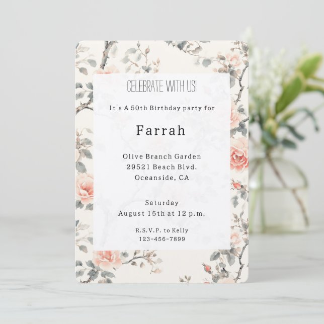 Invitación Pretty Cream Peach Floral Birthday   (Anverso de pie)