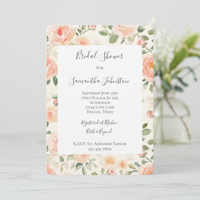 Invitación Pretty Cream Peach Floral Bridal Shower (Anverso de pie)