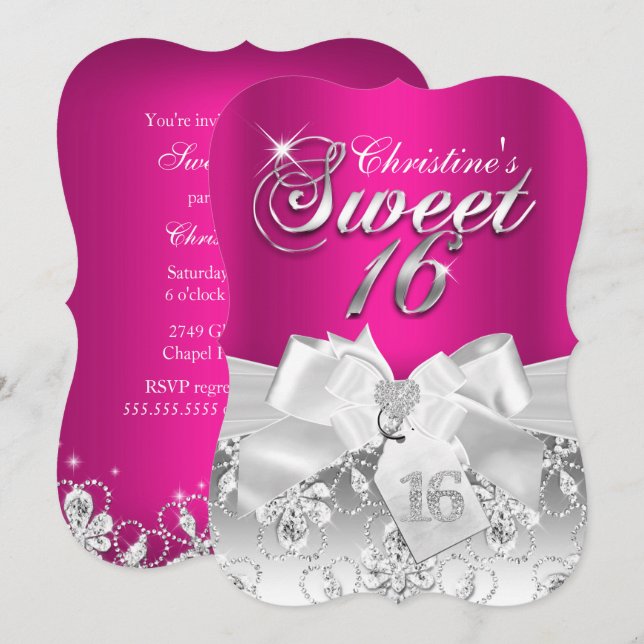 Invitación Pretty Diamond Bow Hot Pink Sweet 16 (Anverso / Reverso)