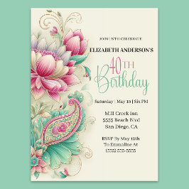 Invitación Pretty Fancy Paisley Flower 40th Birthday