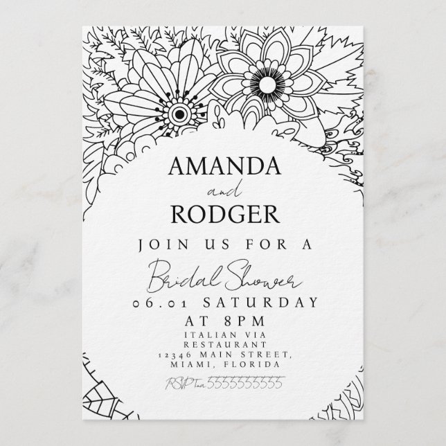 Invitación Pretty Floral Doodles Black White Bridal Shower (Anverso)