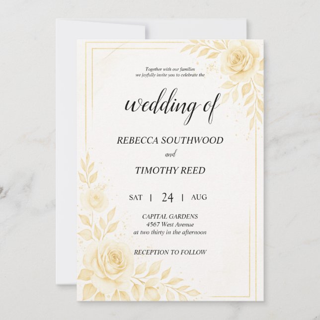 Invitación Pretty Gold and White Wedding Invitation (Anverso)