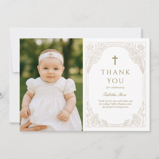 Invitación Pretty Gold Floral Baptism Thank You Card (Anverso)