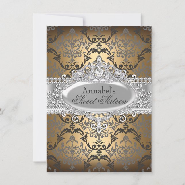 Invitación Pretty Gold & Silver Damask Sweet 16 (Anverso)