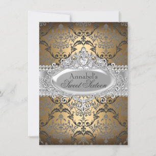 Invitación Pretty Gold & Silver Damask Sweet 16