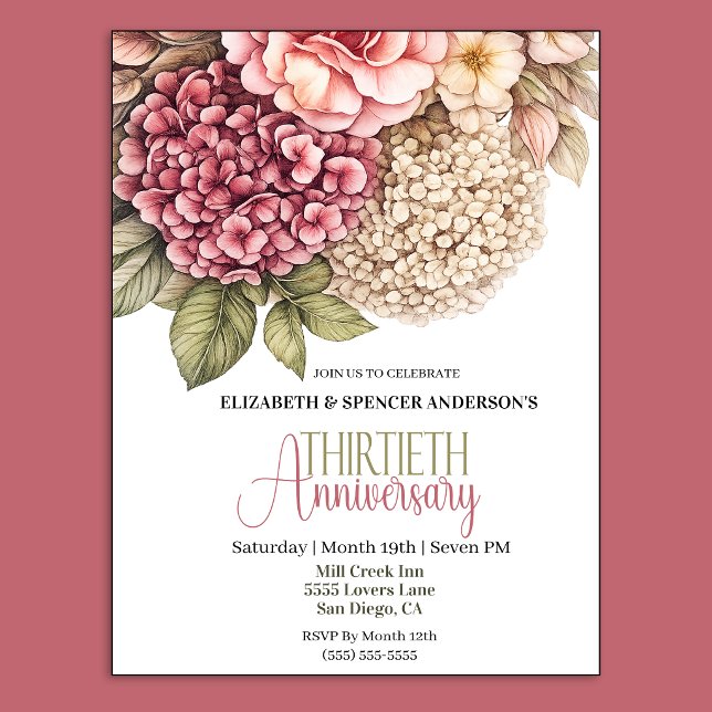 Invitación Pretty Hydrangea Rose 30th Anniversary  (Pretty Hydrangea and Rose 30th Wedding Anniversary Party Invitation.)