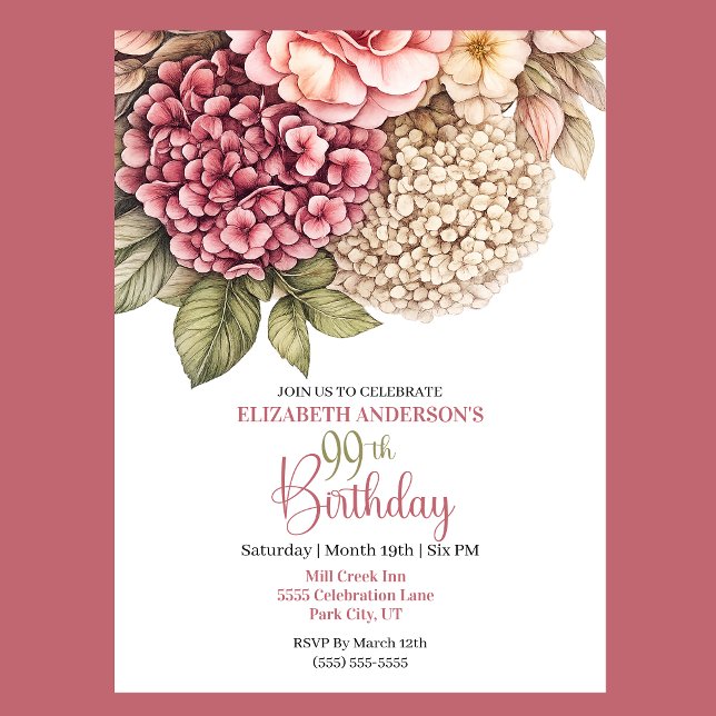 Invitación Pretty Hydrangea Rose 99th Birthday (Pretty Hydrangea and Rose 99th Birthday invitation For Women.)