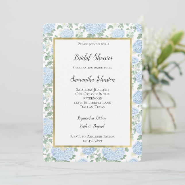Invitación Pretty Light Blue White Flowers Bridal Shower (Anverso de pie)