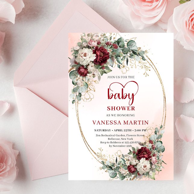 Invitación Pretty Marsala Flowers Gold Baby Shower Invitation (Pretty Marsala Flowers Gold Baby Shower Invitation

)