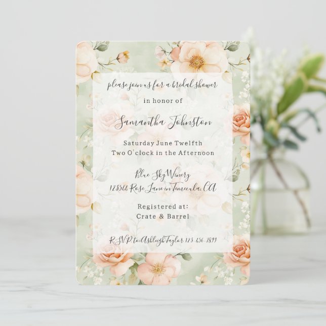 Invitación Pretty Mint Peach Floral Bridal Shower (Anverso de pie)