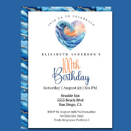 Invitación Pretty Ocean Wave Heart 100th Birthday