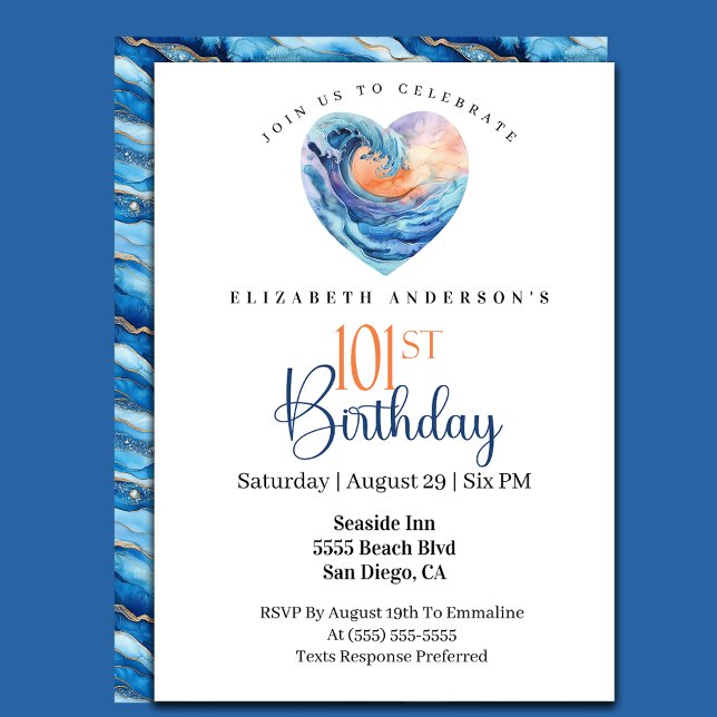 Invitación Pretty Ocean Wave Heart 101st Birthday (Subido por el creador)