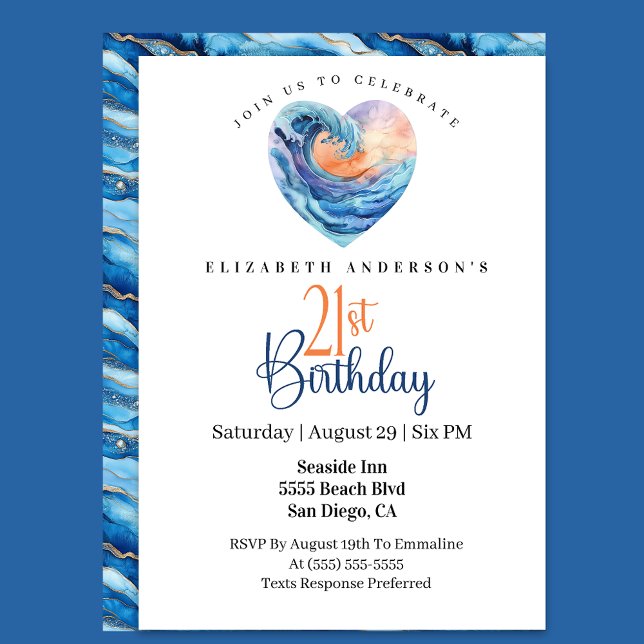 Invitación Pretty Ocean Wave Heart 21st Birthday (Subido por el creador)