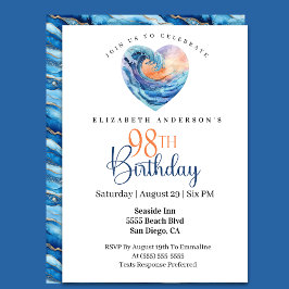Invitación Pretty Ocean Wave Heart 98th Birthday