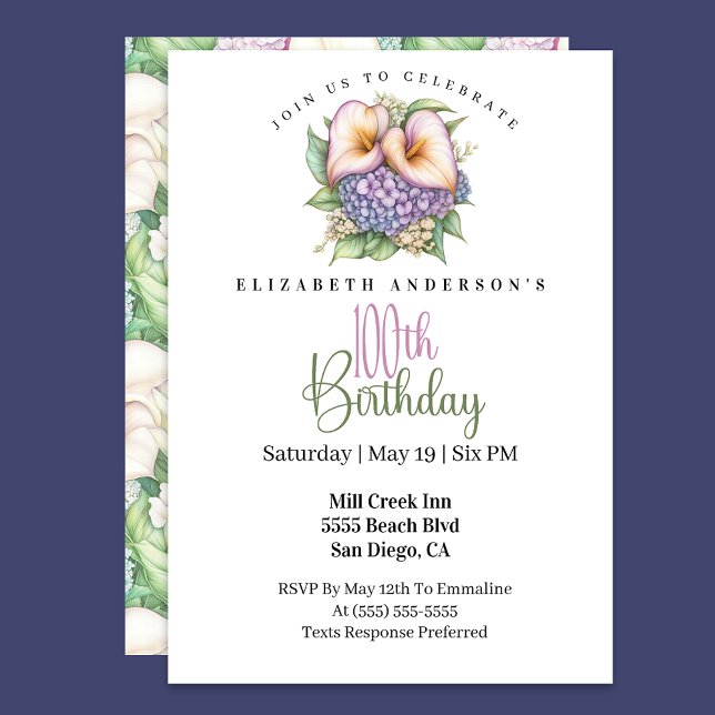 Invitación Pretty Pastel Calla Lily 100th Birthday (Subido por el creador)