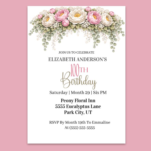 Invitación Pretty Pink and White Peony 100th Birthday (Elegant pink and white peony floral 100th birthday invitation)