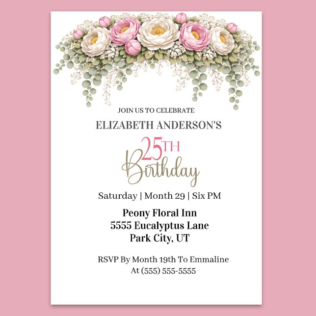Invitación Pretty Pink and White Peony 25th Birthday (Elegant pink peony and eucalyptus floral 25th birthday party invitation)