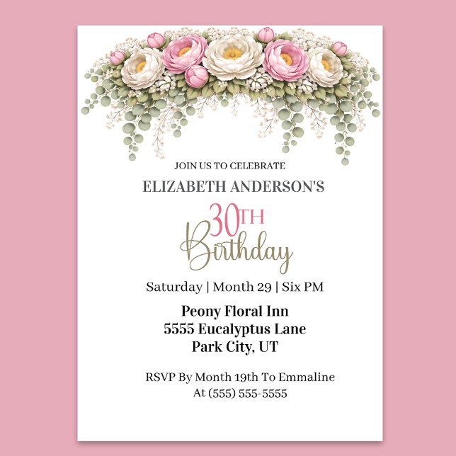 Invitación Pretty Pink and White Peony 30th Birthday (Elegant pink peony floral 30th birthday invitation)