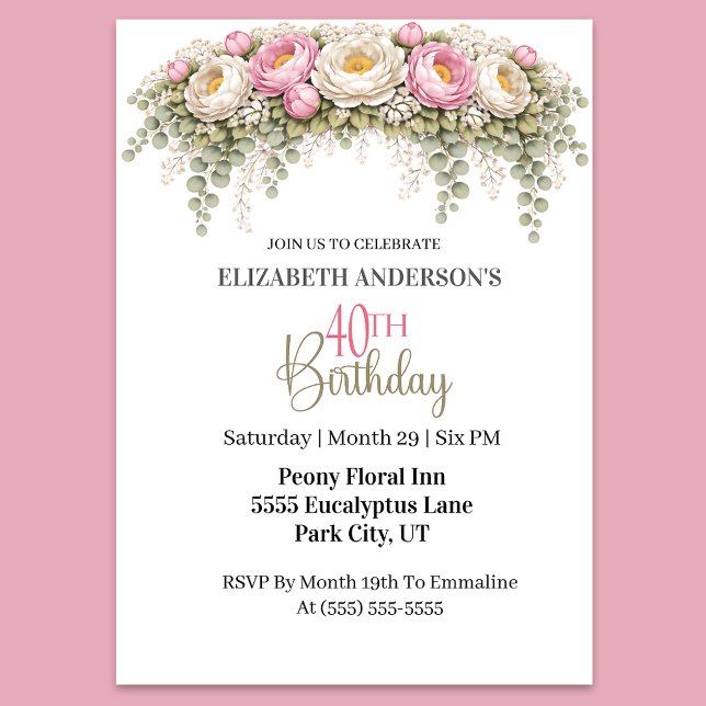 Invitación Pretty Pink and White Peony 40th Birthday (Elegant pink peony and eucalyptus floral 40th birthday party invitation for women
)