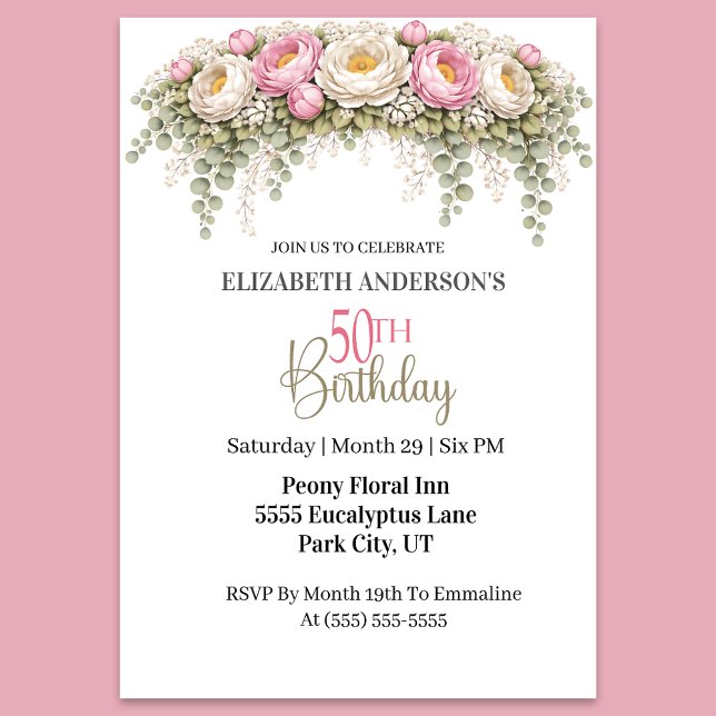 Invitación Pretty Pink and White Peony 50th Birthday (Elegant pink and ivory peony floral 50th birthday party invitation )