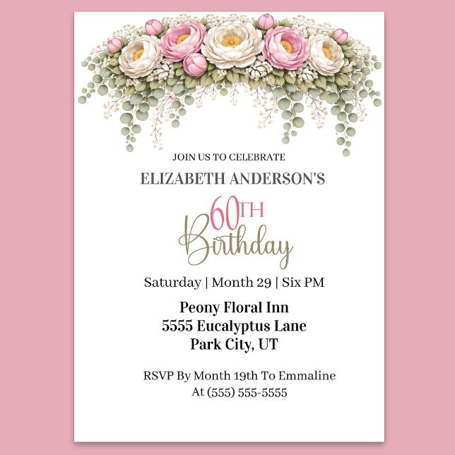 Invitación Pretty Pink and White Peony 60th Birthday (Elegant pink peony and eucalyptus floral 60th birthday invitation)