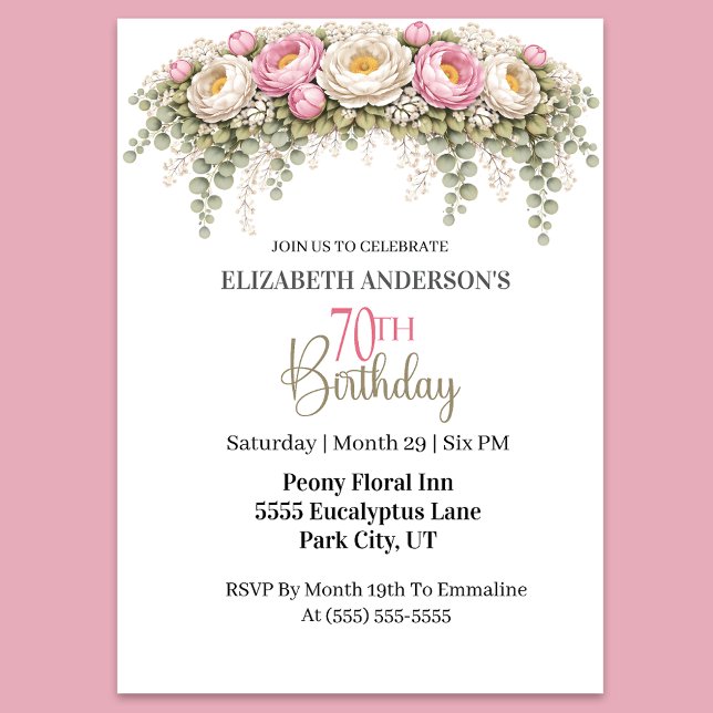 Invitación Pretty Pink and White Peony 70th Birthday (Elegant pink and white peony floral 70th birthday invitation)