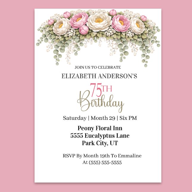 Invitación Pretty Pink and White Peony 75th Birthday (Elegant pink and white peony floral 75th birthday invitation)