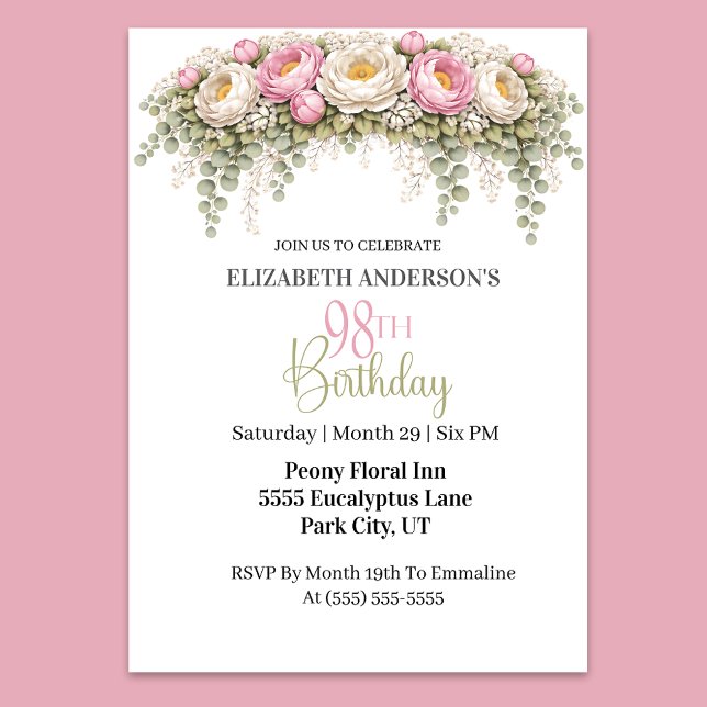 Invitación Pretty Pink and White Peony 98th Birthday (Elegant pink and white peony floral 98th birthday invitation)