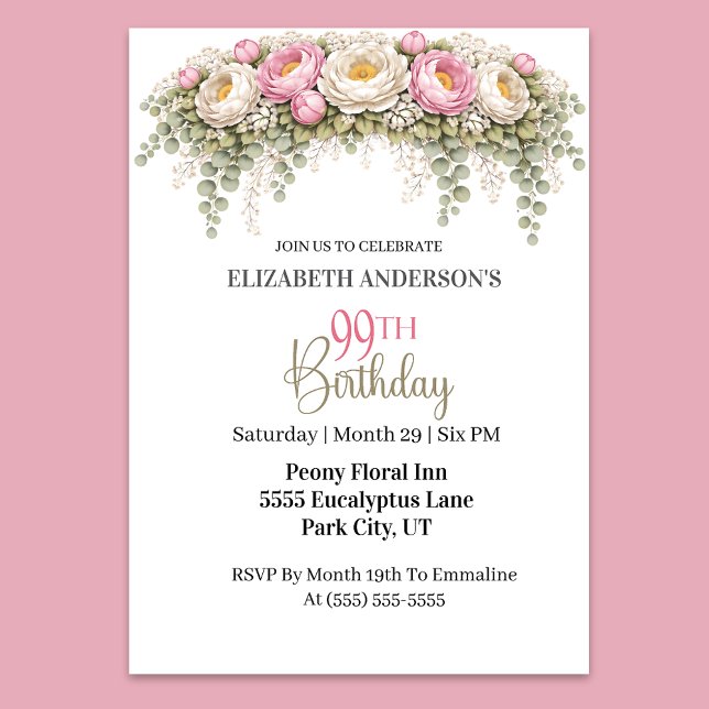 Invitación Pretty Pink and White Peony 99th Birthday (Elegant pink and white peony floral 99th birthday invitation)