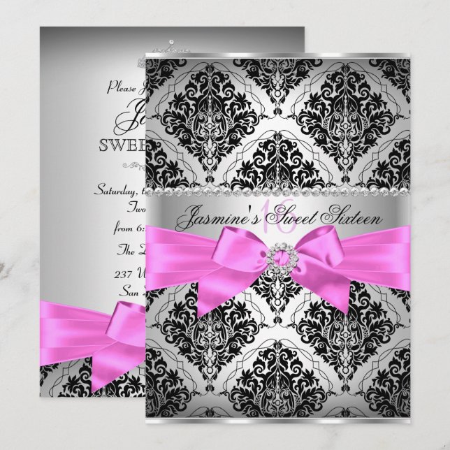 Invitación Pretty Pink Black Damask Sweet 16 (Anverso / Reverso)