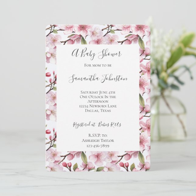 Invitación Pretty Pink Cherry Blossom Floral Baby Shower (Anverso de pie)