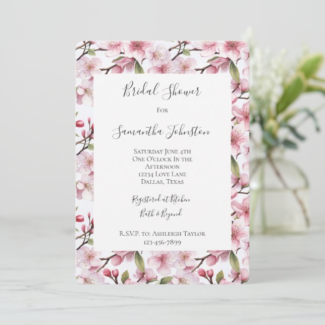 Invitación Pretty Pink Cherry Blossom Floral Bridal Shower (Anverso de pie)