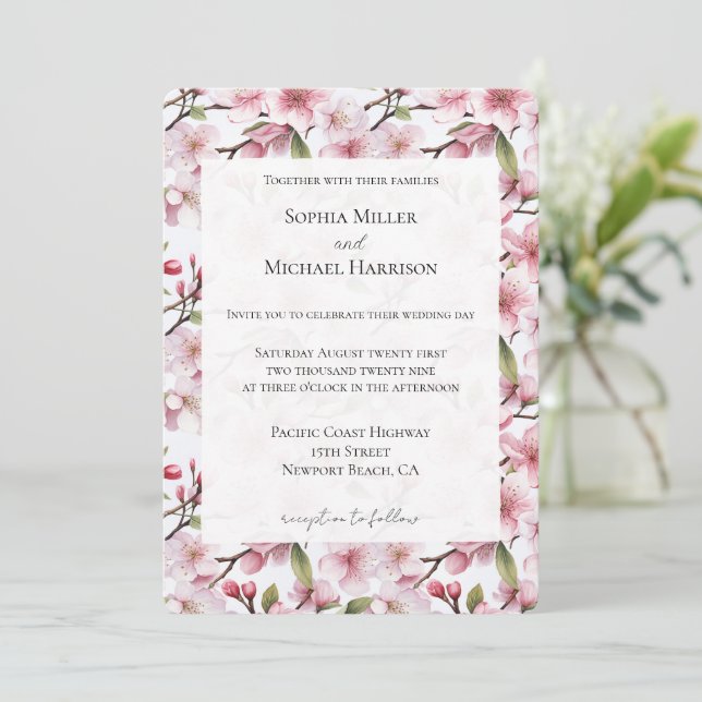 Invitación Pretty Pink Cherry Blossom Floral Wedding (Anverso de pie)