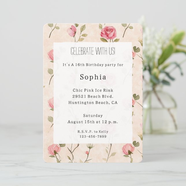 Invitación Pretty Pink Cream Roses Floral Birthday (Anverso de pie)
