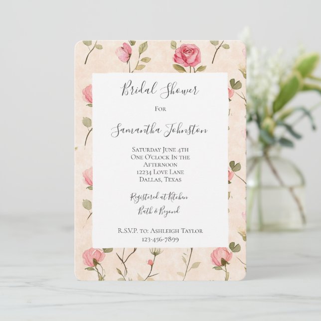 Invitación Pretty Pink Cream Roses Floral Bridal Shower (Anverso de pie)