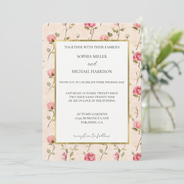 Invitación Pretty Pink Cream Roses Floral Wedding (Anverso de pie)
