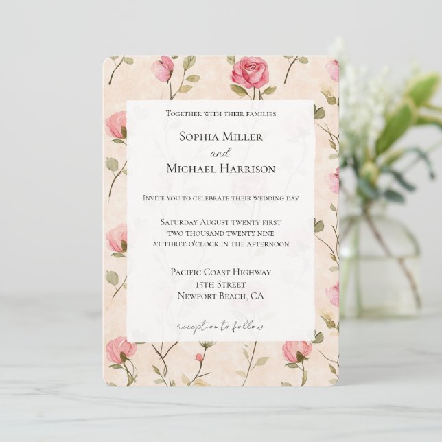 Invitación Pretty Pink Cream Roses Floral Wedding (Anverso de pie)