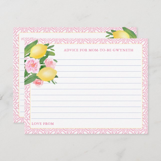 Invitación Pretty Pink Lemons Advice For Mom-To-Be Card (Anverso / Reverso)
