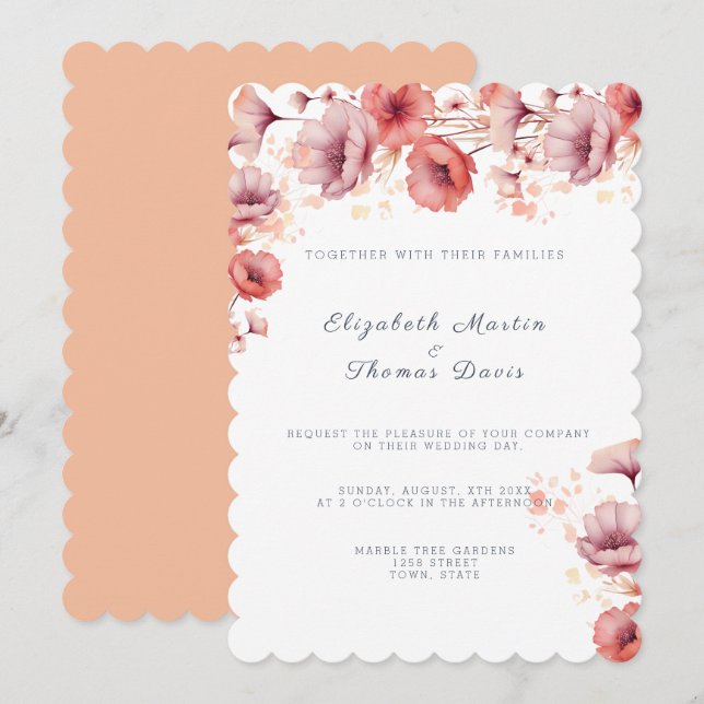 Invitación Pretty Pink, Peach Fuzz, Boda de Acuarela (Anverso / Reverso)
