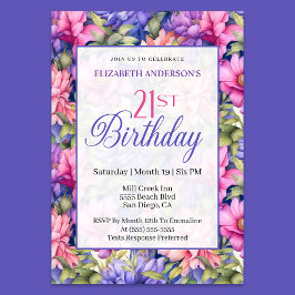 Invitación Pretty Pink Purple Garden Flowers 21st Birthday 
