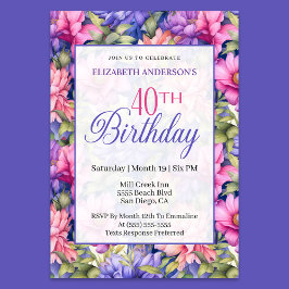 Invitación Pretty Pink Purple Garden Flowers 40th Birthday 