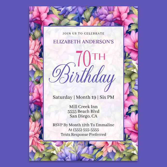 Invitación Pretty Pink Purple Garden Flowers 70th Birthday  (Subido por el creador)