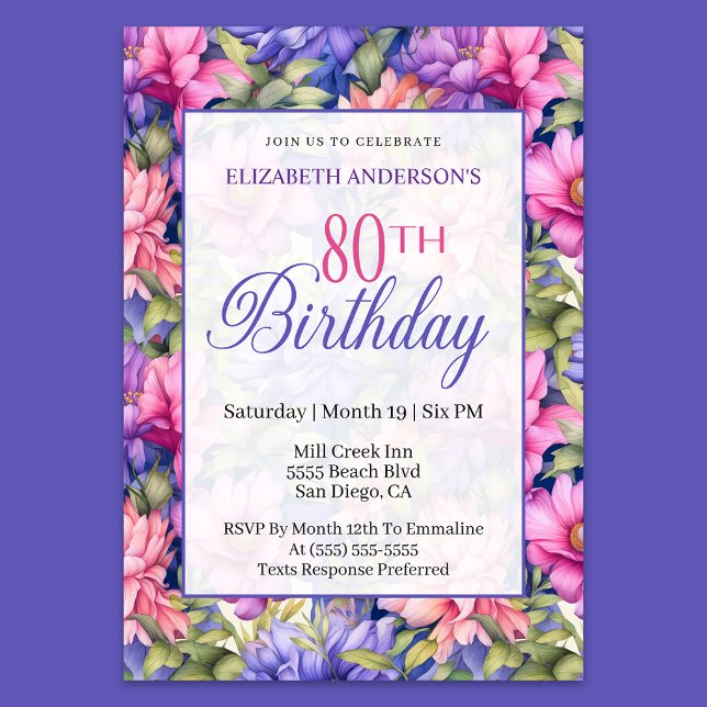 Invitación Pretty Pink Purple Garden Flowers 80th Birthday  (Subido por el creador)
