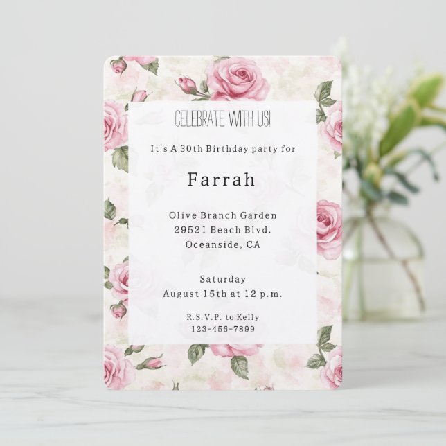Invitación Pretty Pink Roses Floral Birthday   (Anverso de pie)